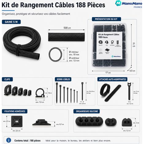 Kit de Rangement Câbles 188 Pièces pour Bureau Maison Noir