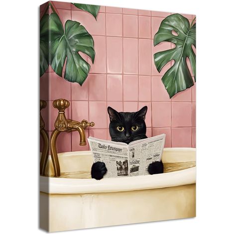 Cadre en Bois Impression sur Toile Chat Noir Drôle Tableau Affiche Decoration Murale Image sur Toile Plantes Roses et Vertes Chaton se Baignant Tableau Decoration Murale Salle de bain WC 30x40cm (1/5)
