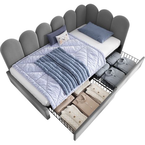 Lit simple rembourré avec tiroirs, lit de rangement en velours, lit de jour, canapé-lit 90 x 190 cm avec sommier à lattes, lit pour jeunes, adultes et enfants, gris (sans matelas) (1/5)