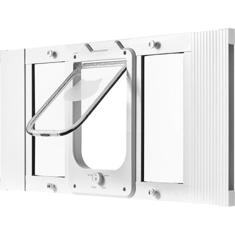 Mophorn Gatera ajustable para ventana de 68,6-81,3 cm, diseñada para gatos pequeños. Cuenta con 4 modos de cierre, marco de aluminio y cristal transparente, además de cierre magnético, blanco. (1/5)