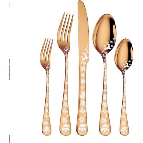 BelleRise - Ensemble de couverts de Noël 5 pièces en acier inoxydable, orné de flocons de neige et de cerfs, couleur or rose (1/5)
