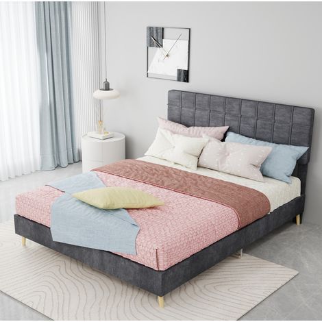 Letto matrimoniale moderno in velluto grigio scuro 140x200 cm con testiera trapuntata a quadri e rete a doghe