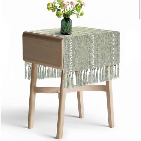 Chemin de table court bohème 40 x 91 cm, nappe basse vert sauge printanière, napperon vert large, foulard drapeau pour table de chevet, napperon de table de nuit (1/5)