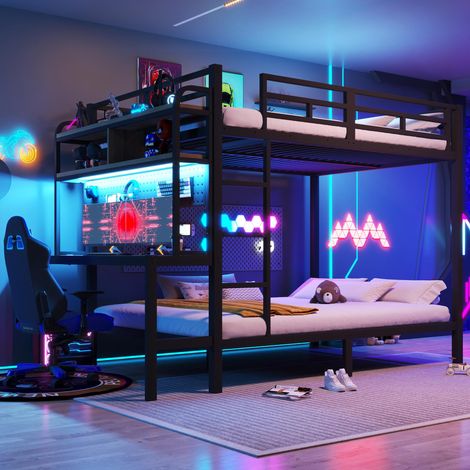 Lit superposé, 140 x 200 cm, structure en fer, compartiment de rangement, bureau, éclairage LED, port USB, barrière de sécurité, échelle, sans matelas, noir (1/5)