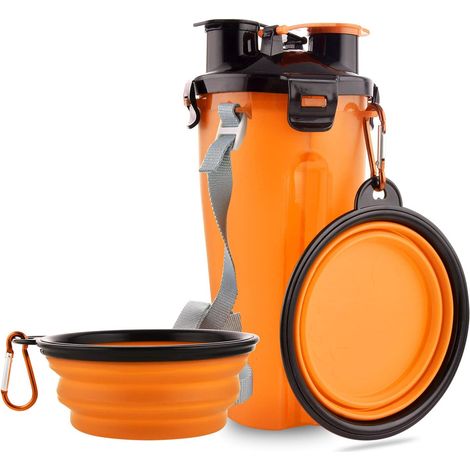 Gourde de voyage pour chien avec gamelles pliables, récipient 2-en-1 pour nourriture et eau, gamelles portables pour promenades, voyages, camping et randonnée (Orange) (1/5)