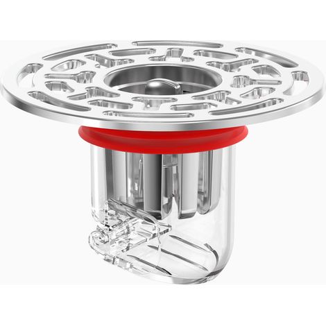 Scarico a pavimento professionale e impermeabile con sistema antiriflusso e controllo degli odori, per bagno, cucina e doccia, con copertura rossa. (1/5)