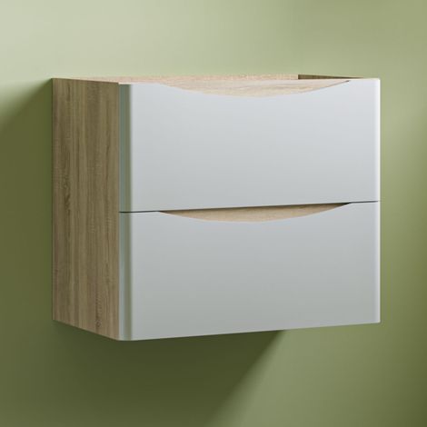 Wall Mounted Modern Bathroom Vanity Unit without Basin Flat Pack 2 Drawers - 590mm Matt White + Oak