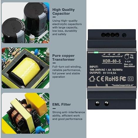 Alimentation pour Rail DIN Transformateur D'alimentations 5V DC pour l'Automatisation Domestique ou Industrielle (HDR-60-5) (1/3)