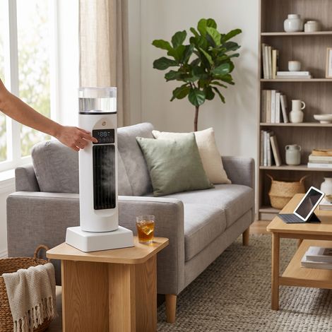Ventilateur tour avec humidificateur USB de bureau sans lame, minuterie réglable à 6 vitesses, oscillation grand angle, refroidissement silencieux pour tente de cuisine de bureau (1/5)