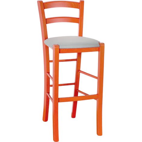 Hoher Hocker aus orangefarbenem Holz, H 73 cm, mit hellgrauem Kunstledersitz