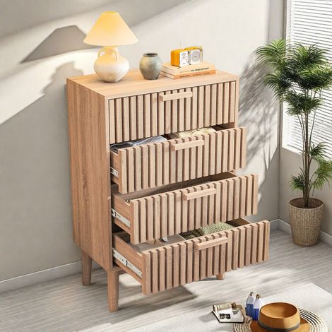 Commode à 4 tiroirs avec finition bois à rayures verticales - 60 x 34 x 91 - Bois de qualité - Structure solide - Pour salon/chambre à coucher - Style rustique