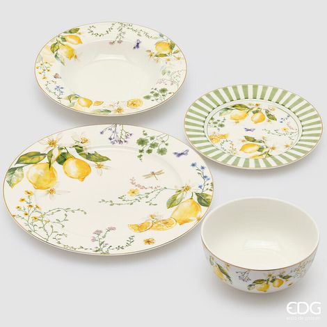 EDG Enzo De Gasperi Set Piatti Limoni Fondi, Piani, Frutta, Ciotole 24 Pz Bianco Giallo