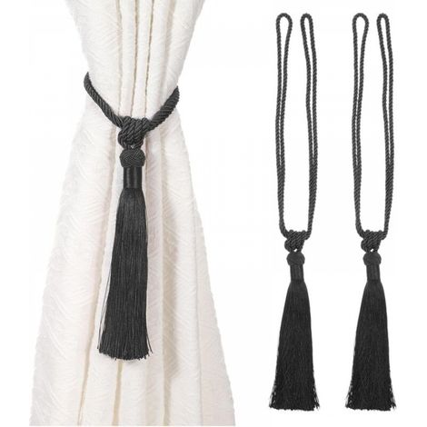 Lot de 2 embrasses de rideaux longues à pompons faites à la main en corde tressée avec nœuds de style européen pour décoration de fenêtre (Noir) (1/5)