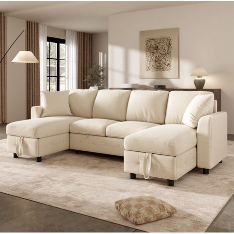 Canapé-lit en U moderne en chenille beige avec rangement et charge USB Type-C 260 x 128 x 82 cm (1/5)