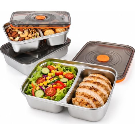 Lunch Box Inox Lot de 3, Boîte Repas Étanche 600 ml avec 2 Compartiments et Couvercle, Bento Box Métal avec Valve, pour Enfants, Adultes, École, Travail et Pique-Nique (1/5)