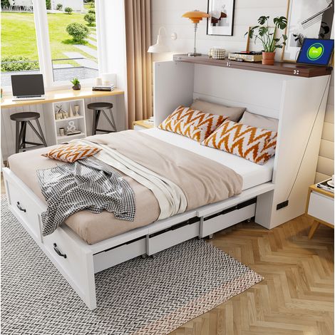 Cama abatible 140/200 cm blanca con enchufe UE, estructura metálica y ruedas silenciosas (1/5)