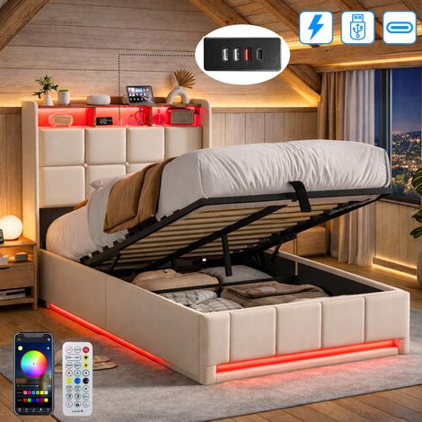 Lit Coffre 90 x 200 CM avec Sommier - Lit Simple avec Éclairage LED RGB et Charge USB Type-C - Lit Hydraulique avec Rangement - Lin