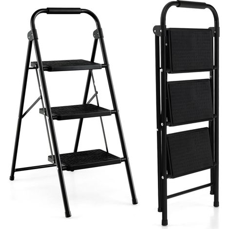 Escabeau 3 marches pliant avec larges marches antidérapantes, structure métal robuste et poignée mousse pour maison et bureau (1/5)