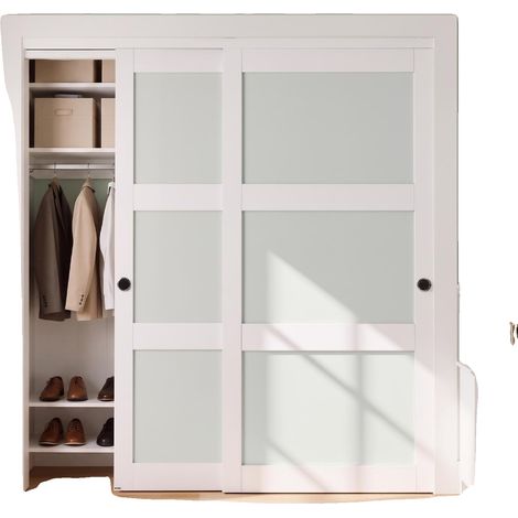 Puerta de armario VEVOR, 1829 mm x 2032 mm, 3 paneles de vidrio esmerilado, panel de madera maciza, MDF, PVC impermeable, 72 x 80 pulgadas. (1/2)