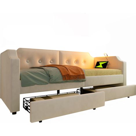 Lit rembourré canapé-lit 90x200 cm avec USB Type-C, lampe de lecture, lit de jour avec 2 tiroirs de rangement, lit enfant/junior, cadre de lit avec sommier à lattes en bois, velours, beige (sans matel (1/5)