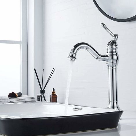 VURAHOME – Hohe Waschtischarmatur, 360° schwenkbarer Mischer, klassischer Retro-Waschtischmischer, Messing-Waschtischmischer, Silber (1/5)