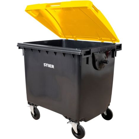 Conteneur à déchets à 4 roues STIER, 1 100 l, gris/jaune, couvercle plat, lxPxH 1 372x1 065x1 315 mm (1/5)