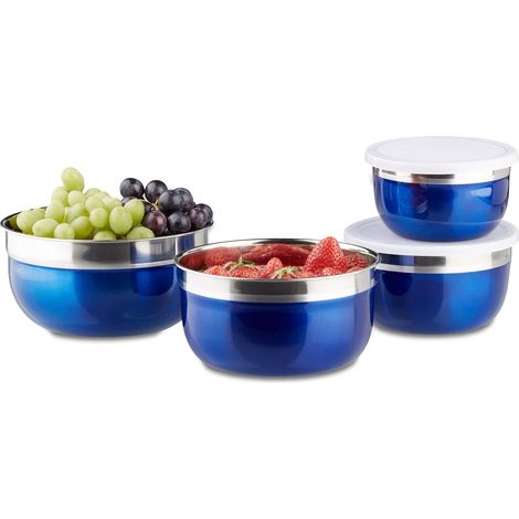 Bol mélangeur avec couvercle lot de 4 saladiers en inox plusieurs tailles HxlxP: 9 x 18,4 x 18,4 cm, bleu (1/5)