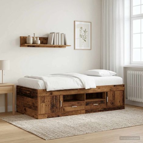 Cadre de lit avec rangement et tiroirs 80 x 200 cm bois ancien avec lattes - PANGIVO (1/5)