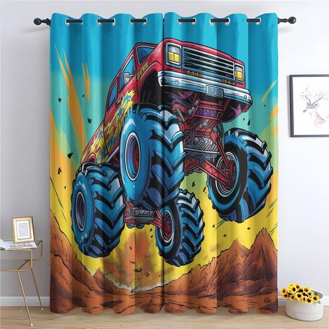 Rideau Monster Truck - Rideau Occultant Thermiques Enfant Garçon Voiture Cool, Lot de 2 Rideaux à Oeillets pour Decoration Chambre Salon, Draperies Intérieurs Fenetre, 140x160 cm (LxH) - 2x L 140 X H (1/5)