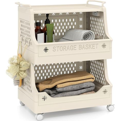 COSTWAY Carrello Portaoggetti Impilabile a 3 Piani con Ruote, Organizzatore in Plastica con Maniglie e Ganci, per Lavanderia, Bagno e Soggiorno (3 Livelli) (1/5)