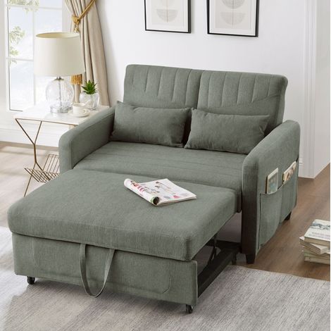 Canapé convertible 2 places en tissu coton-lin vert armée, dossier 3 positions, couchage 166x95 cm (1/5)
