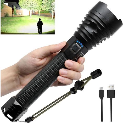 Lampes de poche LED rechargeables haute luminosité de 100 000 lumens, lampes de poche puissantes et ultra lumineuses avec 5 modes d'éclairage, lampe de poche étanche et zoomable (1/5)