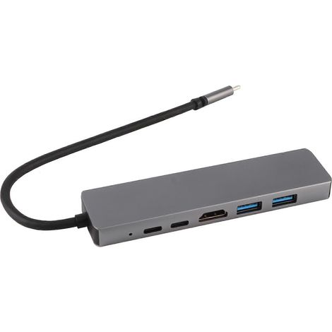 Hub USB-C vers Type-C 6-en-1 en métal gris léger avec adaptateurs HDMI, RJ45, Ethernet, Mini SDTF et OTG. (1/4)