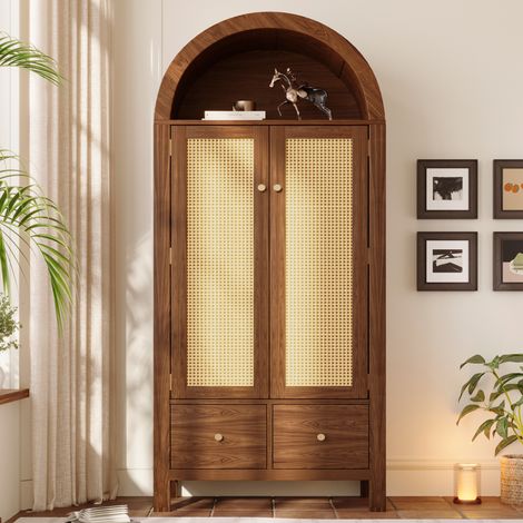 Armoire 78x181cm - Design Arc et Rotin - 2 Portes à Aimants - 2 Tiroirs - Penderie Intégrée - Pieds Bois - Dispositif Antichute - Capacité 40kg - Noyer (1/5)