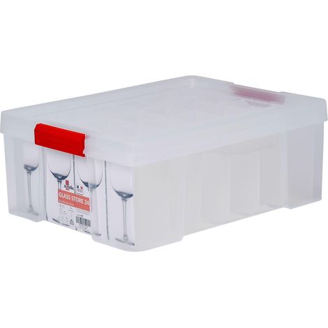 Sundis Glass Store, scatola portaoggetti bicchieri, in plastica trasparente, rinforzata con coperchio a clip, pareti diritte, impilabili e combinabili, capacità 24 bicchieri (1/4)