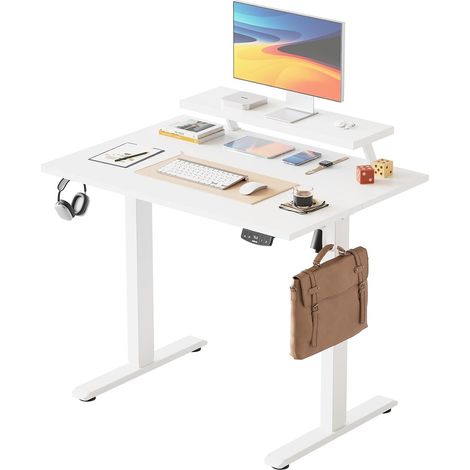 Bureau réglable en Hauteur électrique avec Support écran Support écran mobile, bureau assis debout 100x60 cm, 2 boutons mémoire, plateau en 2 parties, idéal télétravail, Blanc (1/5)