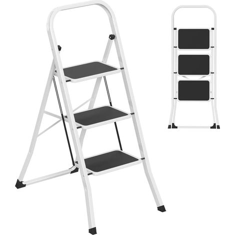 Échelle pliante 3 marches TRMLBE, petite échelle avec marches larges et rampe, blanche, échelle pliante en métal pour usage domestique, capacité de charge jusqu'à 270 kg (1/4)