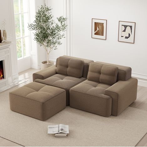 Canapé modulable assise 74 cm marron en velours côtelé avec ottomane et dossier courbé (1/5)