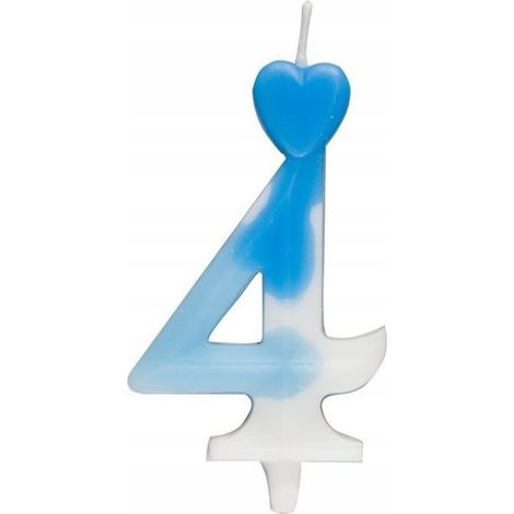 Bougie en forme de cœur numéro 4, bleue et blanche, 6,5 cm