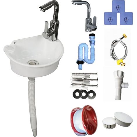 Lavabo Mural en Plastique avec Robinet Mitigeur, Kit Complet avec Tuyaux d'Évacuation et d'Alimentation Lavabo Compact pour Salle de Bain Jardin Camping (Blanc) (1/5)