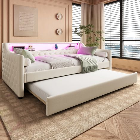Tagesbett Leinen Beige 90x200 cm mit Ausziehbett, LED-Beleuchtung, USB-Anschluss und Lattenrost