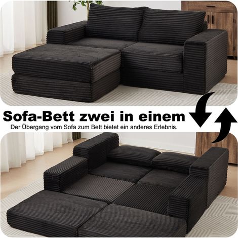 Canapé convertible 2 en 1 en velours côtelé, avec deux coussins, accoudoirs classiques carrés, repose-pieds démontable, canapé modulable à agencement flexible (1/5)