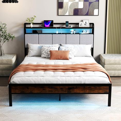 Goplus – Cadre de lit intelligent 140x200cm – Charge 300kg – Éclairage LED avec télécommande – Tête rembourrée avec station de charge et rangement (1/5)
