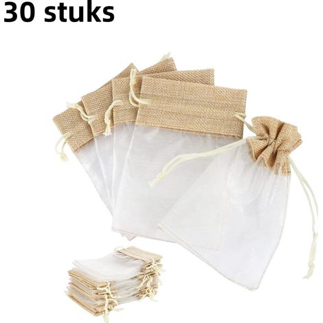 Lot de 30 sachets en lin, jute et organza avec cordon de serrage - Décoration de fête - Idéal pour les occasions festives - 10 x 15 cm - Kaki (1/5)