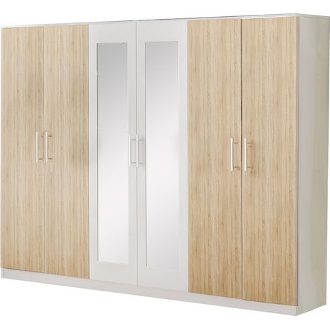 Grande rrmoire de chambre 6 portes battantes bois blanc brillant et bois naturel mat Dova 242cm (1/3)