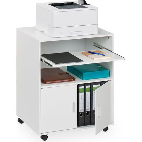 Relaxdays Mesa Impresora con 2 Cajones y Bandeja para Teclado, Cajonera Oficina con Ruedas, 74 x 60 x 48 cm, Blanco