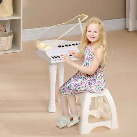 Piano électronique multifonction pour enfants à 32 touches avec microphone, haut-parleur, tabouret et couvercle lumineux LED (blanc) (1/5)