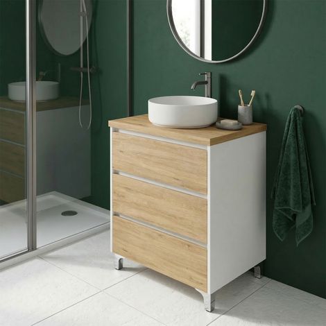 Meuble vasque à poser L.60cm sur pied Blanc laqué 3 tiroirs Chêne naturel LISBONA - sans colonne (1/5)
