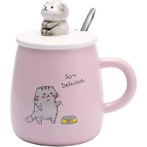 Mug Chat, Mug à café en céramique mignon, avec couvercle et cuillère en forme de chat 3D 10x8cm (Rose) (1/5)