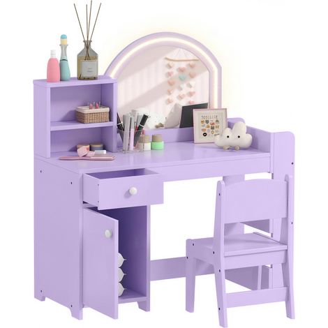 AIYAPLAY Girls Dressing Table with 2-Colour LED Mirror and Stool, Purple (1/5)